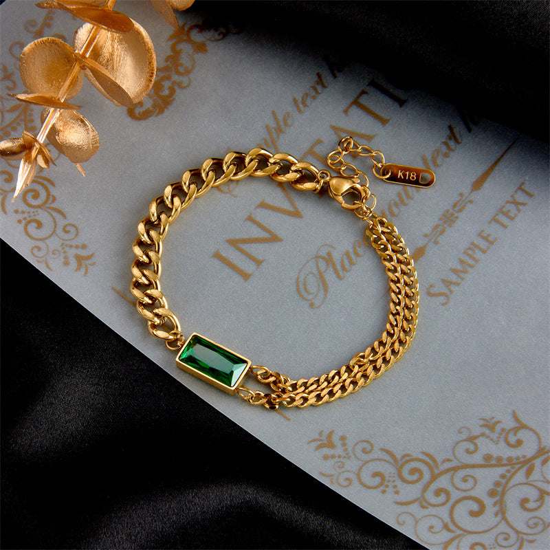 Fashionable Niche Retro Metal Square Green Diamond Versatile Bracelet