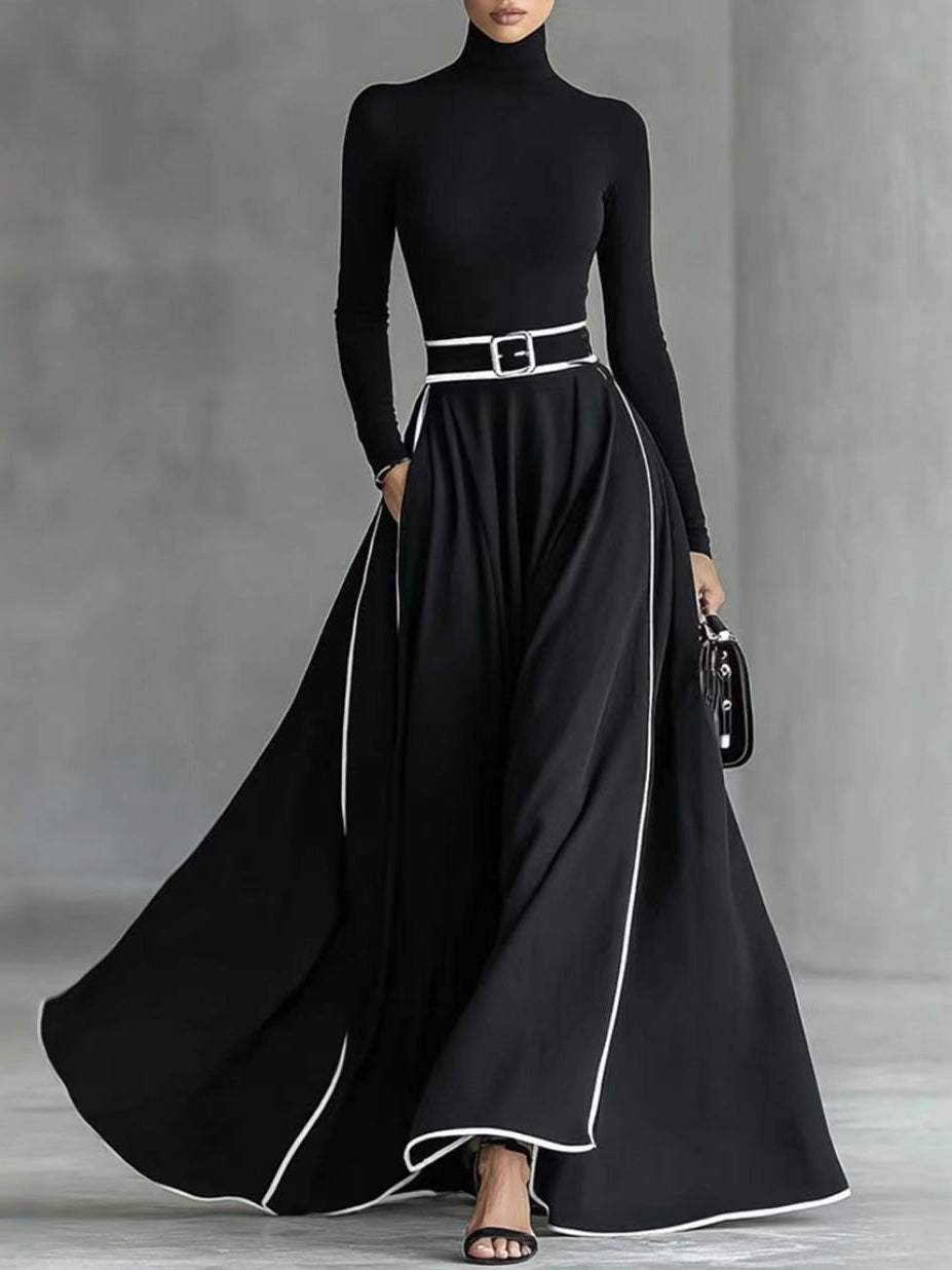 polyester Women's Black Stitching White Trim High Collar Long Sleeve Tight Belt Long Skirt