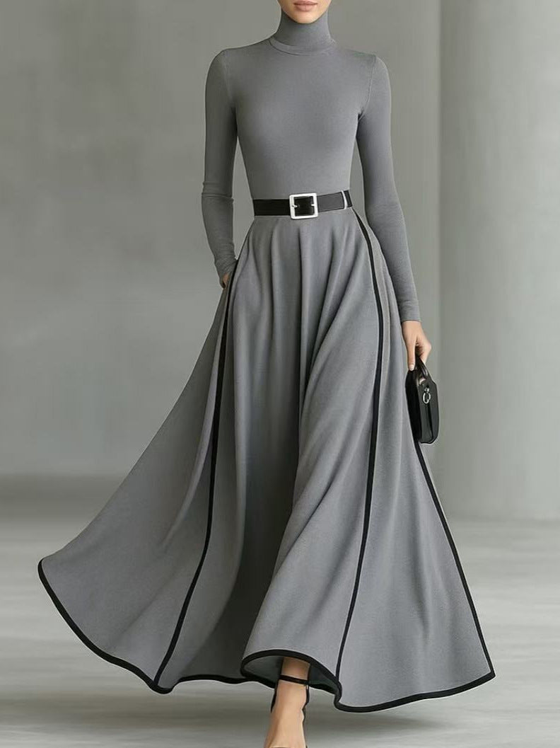 polyester Women's Black Stitching White Trim High Collar Long Sleeve Tight Belt Long Skirt