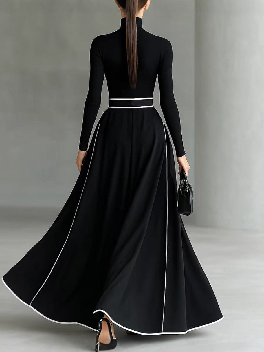polyester Women's Black Stitching White Trim High Collar Long Sleeve Tight Belt Long Skirt