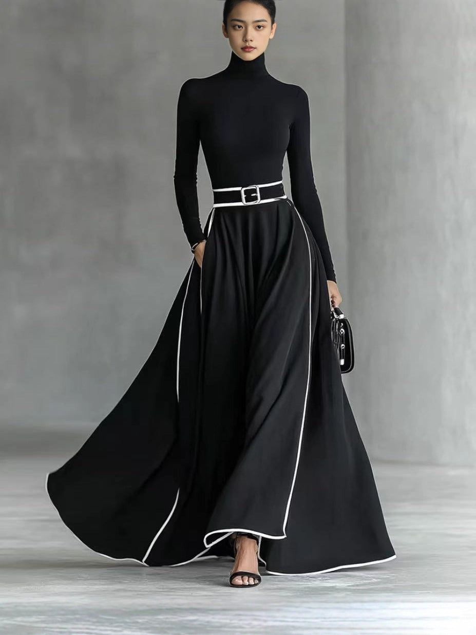 polyester Women's Black Stitching White Trim High Collar Long Sleeve Tight Belt Long Skirt
