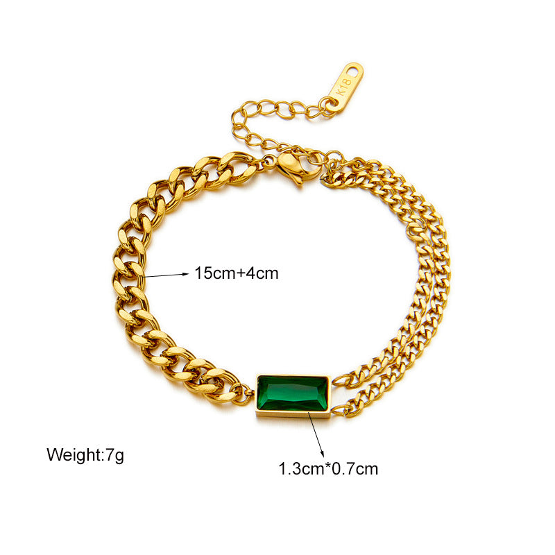 Fashionable Niche Retro Metal Square Green Diamond Versatile Bracelet