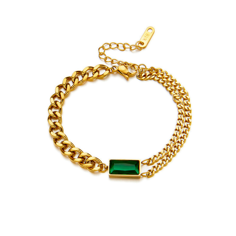 Fashionable Niche Retro Metal Square Green Diamond Versatile Bracelet